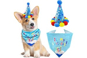 SUBTAVIK Doggie Birthday Bandana Set - Boy Bandana with Party Hat & Triangle Scarf for Dog Birthday Parties (Blue)