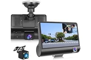 Hikity Camera Dash Voiture 3 Caméra de Voiture Angle de Vision de 170 °, G-capteur 4'' à Trois Voies Caméra de Tableau de Bord pour Voiture avec Double Objectif Arrière Car DVR+ 32GB TF