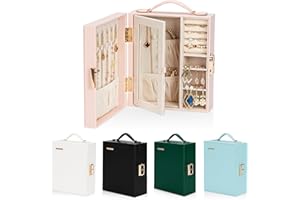 Enthralite Travel Jewellery Case, Travel Must Have, Portable Jewellery Box with Mirror, PU Leather Small Organizer for Rings, Earrings, Necklaces, Bracelets (Light Pink)