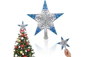 APLZGMG 20cm Glitzernde Weihnachtsbaumspitzen Stern,Stern Weihnachtsbaumschmuck,Ausgehöhlte Weihnachtsstern-Ornamente,Weihnachtsbaum Sternspitze für Weihnachtsdeko,Party,Innendekoration(Silber Blau)