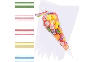 Faburo 100pcs Cone Bags for Sweets Clear Cellophane Bags and Ties for Party Christmas and Festivals(25x15cm)
