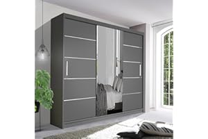 German Sliding Wardrobe Spacious Bedroom Sliding Wardrobe - Sleek and Functional Design comes in White/Grey/Black/Oak and Width 120cm/150cm/180cm/203cm/250cm (Grey, 250cm)