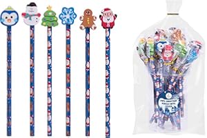 ZOPPER Christmas Pencils with Eraser 24Pcs – Festive Eraser Topper Set with 6 Cute Xmas Characters | Holiday Stationery Gift for Kids, Party Favours, Classroom & Stocking Fillers