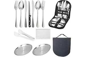 SGEHAI 14 Pcs camping plate set,camping plates and bowls set for 2,stainless camping cutlery,Including portable cutlery bag- Ideal for road trips, picnics, and camping adventures,reusable