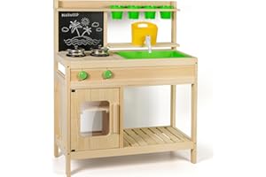 BlueWood Matschküche Kinder Outdoor – FSC Holz Küche mit Wasserhahn, Spielbecken & Stauraum für Garten & Balkon – Montessori Spielküche ab 3 Jahren