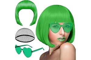 PLULON Dunkelgrün Bob Perücke und Sonnenbrille Set, Neon Kurze Bob Perücke Sonnenbrille Pack Kostüm Bunte Cosplay Perücke Haarteile für Bachelorette Neon Party Favors