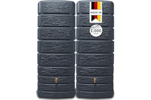 4rain Slim Stone Decor Regentonne Set 1000 Liter Graphitgrau – 2X Regenfass/Wassertank 500 Liter mit Verbinder + Hahn – Frostsicherer Regenwassertank/Regenwassertonne - Wassertonne für Garten