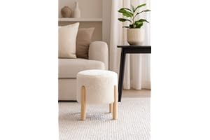 spot on dealz Faux Sheepskin Footstool - White Fur Ottoman with Pine Wood Legs - Plush Round Stool for Living Room, Bedroom, or Vanity - Modern Decorative Accent Furniture