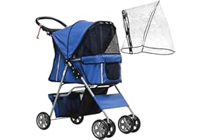 PawHut Hundebuggy, Hundewagen mit Regenverdeck, faltbarer Hundetrolley bis 10 kg, Katzenbuggy für kleine Hunde mit Netzfenster, Katzenwagen, Blau, 75 x 45 x 97 cm