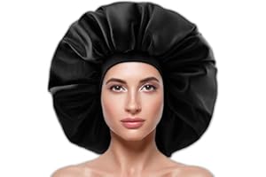 ACEHOME Large Silky Satin Bonnet with Wide Elastic Band, Soft Sleeping Cap Night Hat Big Hair Bonnets Head Cover for Women Curly Natural Long Hair (Black)