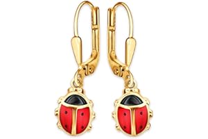 CLEVER SCHMUCK Boucles d'oreilles dorées pour fille - 24 mm - Avec coléoptère - 9 mm - Rouge et noir - Plaqué or 925, Métal précieux