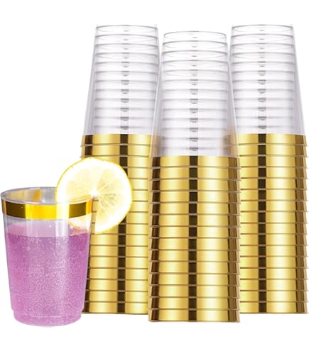 PlasticPro Gold Rim Disposable Plastic Tumblers - 100 Pack For Parties And Events