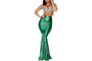 ensswliz Women Mermaid Skirt Costume Halloween Cosplay Fancy Sequins Long Tail Fishtail Skirt with Asymmetric Mesh Panel