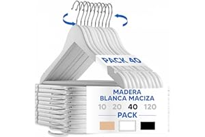 Mundo Home 40X Perchas Madera Blanca Maciza para Ropa - Perchas de Madera con Gancho Giratorio 360º - Perchas para Pantalones, Camisa, Traje, Vestidos - Colgadores de Ropa Antideslizante para el Hogar