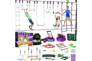 ‎TRAILBLAZE Ninja Warrior Obstacle Course for Kids Workout Equipment, 2 x 55ft Slacklines with 10 Weatherproof & Durable Obstacles - Cargo Net, Rope Ladder & More - Ninja Course for Kids Outside
