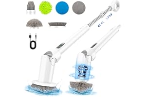 SKEUFY Elektrische Reinigungsbürste, 6-in-1-Elektrischer Schleuderschrubber, leistungsstarke Reinigung mit 380 U/min, Electric Spin Scrubber mit Verstellbarer Griff und LED Display für Auto, Bad, Küche