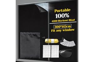 JOUQURR Blackout Blind, Blackout Blinds Stick on, Blackout Blinds, Large 100% Blackout Material, No Drill Blinds Black Out Portable Blackout Blind Cut to Any Size (145 * 300CM - Black PU Coating)