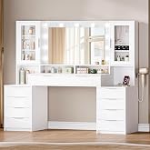 Hzuaneri 150cm Large Makeup Vanity Electric Plug, White | DT43703XEU 11 LED Light Globes 3 Colors 10 Drawer Jewelry Storage L