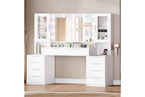 Hzuaneri 150cm Dressing Table with LED Lighting, Dressing Table with Multi Socket, 11 LED Lights, Three Lighting Colours, 10 Drawers, Storage for Jewelry, White-Silver DT43703XEU