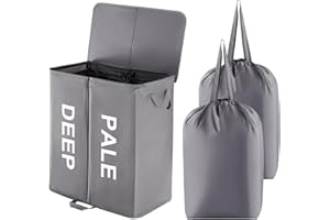 Lifewit 136L Double Laundry Hamper with Lid and Removable Laundry Bags, Large Divided Hamper, Collapsible 2 Section Laundry Basket with Handles for Bedroom, Bathroom, College Dorm, Laundry Room, Grey