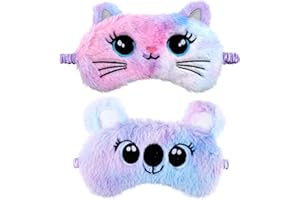 WY LIGHTING LEVEL Lot de 2 masques de sommeil en peluche doux et confortables avec motif animal mignon - masque de nuit en satin pour homme et femme (violet, style chat et koala)