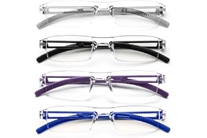 ‎MMOWW MMOWW 4er Pack randlose Lesebrille für Damen und Herren mit klarer rechteckigem Blaulicht-Blockierbrille (Grau+Schwarz+Lila+Blau, 1.5)