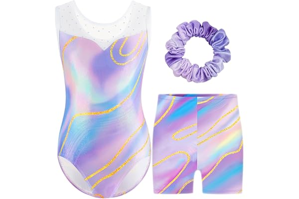 Boteria Justaucorps de Gymnastique pour Filles Trois Pièces Maillots de Gymnastique Gymnastique à Sans Manche avec Short et Bandeau