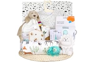KELZIA PEKEL'S Canastilla para Bebé Recién Nacido - Caja de Regalo Unisex para Niño o Niña con Body de Algodón, Muselina, Babero, Peluche y Accesorios