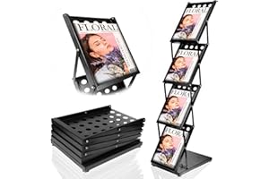 VAIIGO Prospektständer A4 aus Eisen – Faltbarer Flyer- & Zeitschriftenständer, Broschüren-Displayständer mit 4 Fächern & Tragetasche, Bodenaufsteller für Messe, Büro & Ausstellung (Schwarz)