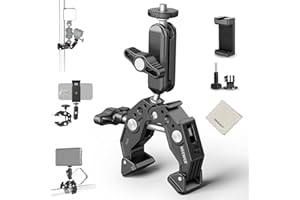 NEEWER Super Clamp Magic Arm Camera Mount with Phone Holder Action Cam Adapter Ball Heads 1/4" Threads Cold Shoe Cleaning Cloth Compatible with SmallRig GoPro for Desk Tripod Crossbar Gimbal Rod, ST83