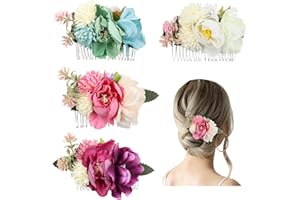 YOOSIT 4 Pack Artificial Flower Metal French Hair Side Combs Slide Clips With Teeth Floral Hairpins Headpieces for Women Wedding Decorative Party Bun Chignon Twist Holder Accessories