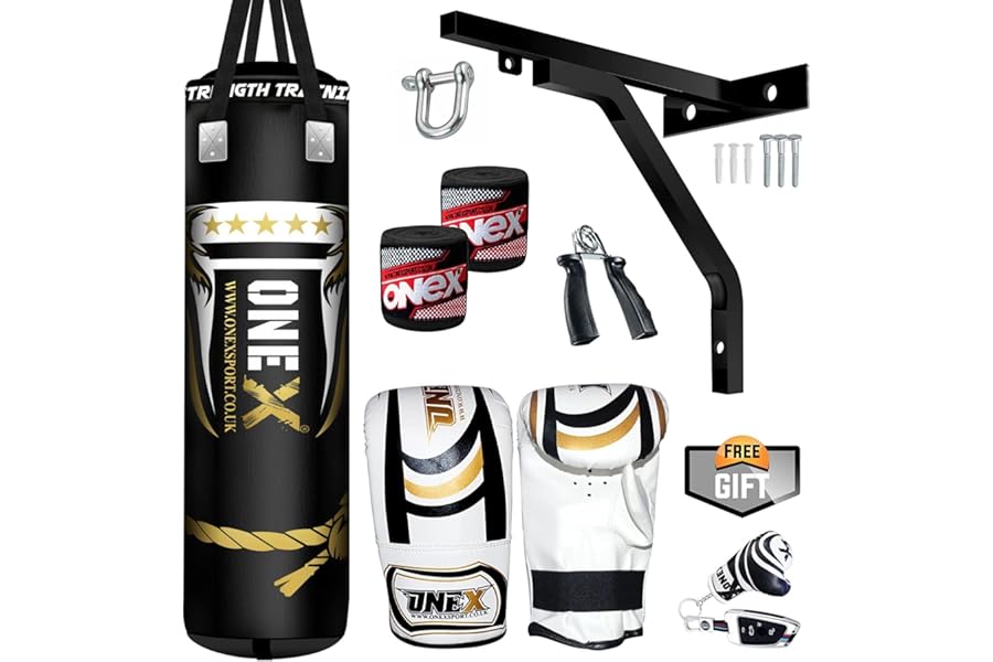 ONEX Heavy Filled Boxing Punch Bag Set Gloves Bracket MMA Pad Punching Kick Bag 13Pcs 3ft – 4ft - 5ft With Straps