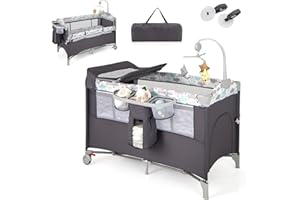 RELAX4LIFE 5 en 1 Cuna Infantil Bebe con 2 Ruedas Bloqueables, Cambiador, Correa Fijación, Caja de Música y 3 Juguetes Colgantes, Cuna con Colchón y Bolsa de Transporte para Bebés 0-36 Meses (Gris)