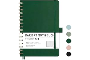 ‎RETTACY RETTACY Notizbuch A5 kariert, Bullet Journal mit 100 g/m² Dickem Papier, 70 Blatt, Collegeblock für Büro und Schule, Lederhülle, Dunkelgrün, 14.8 cm x 21 cm