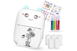 GENERIC Mini Printer, Portable Printer with Sticker and 5 Rolls of Thermal Paper and 5 pens Built-in 1200mAh Battery Bluetooth Inkless Photo Printer for Android and IOS