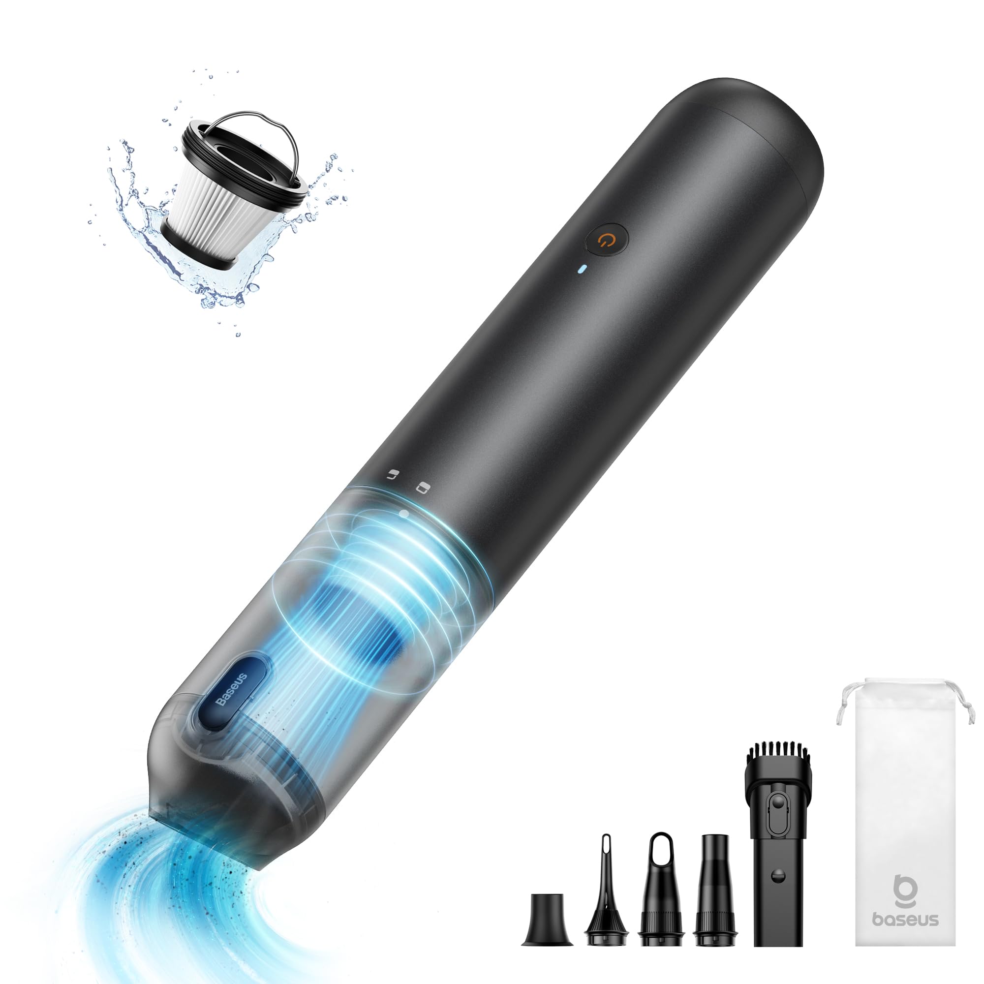 Baseus A3 Lite 12kPa Cordless Car Vacuum & Air Blower, USB-C Fast Charge, Single Touch Empty, 4-in-1 Inflator for Tires, Swim Rings, Mattress, High Power Handheld Cleaner â€“ 18 Month Warranty