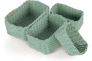 Vikcvcsc Almacenamiento Trenzadas,Juego de 4 Cesto de Almacenaje de Mimbre Cestas de Mimbre Apilables, Cestas Bohemias,Cestas Organizadoras para Baño,Armarios,Salones(Verde)