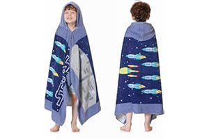 MOKANI Serviettes de Bain de Plage à Capuche pour Enfants | Coton Doux épais Super Absorbant | 127 x 76,2 cm | Serviettes de Bain de Plage pour Filles et garçons de 3 à 12 Ans, fusée Bleue