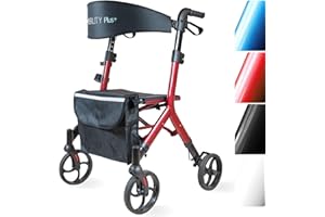 ‎MOBILITY PLUS+ Mobility Plus+ Design Rollator DR10+ Rot - Indoor & Outdoor, schmal & faltbar - höhenverstellbare Gehhilfe für Senioren mit Rückengurt & Tasche - Innenliegende Bremszüge ohne störende Kabel