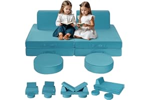 MeMoreCool Kids Play Sofa Bed, 8-Piece Convertible Modular Toddler Chair Couch for Bedroom Playroom, Blue