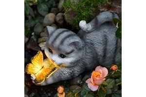 Kamanan Statue De Jardin Solaire Chat Lumière Solaire Décoration Extérieure, Ornement LED en Résine De Chat avec Papillon Adapté à La Cour, à La Cour, à La Décoration Artistique De Pelouse