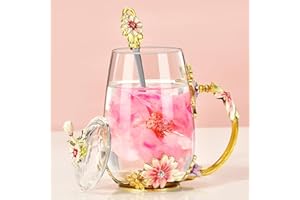 Wisolt Prezenty urodzinowe dla kobiet, świąteczne, kwiat, szkło, kubek do herbaty, dla mamy, żony, przyjaciółki, na rocznicę, walentynki, Boże Narodzenie, dzień matki, do kawy, z łyżeczką i pokrywką