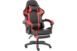 AUNEK Gaming Chair with Footrest and Lumbar Cushion, Ergonomic 140° Recliner Gaming Chair for Adults with Backrest, High Back PU Leather Gamer Chair with Headrest and Swivel Wheels (Black/Red)