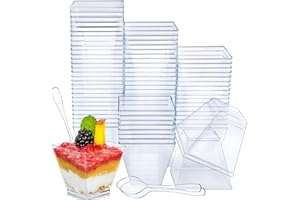 LONTOM 100 Pcs Mini Dessert Cups with 100 Spoons,Plastic Square Cups Dessert Pots Set for Cheesecake Pudding Jelly Mousse Ice Iream,Reusable Serving Bowls for Christmas Birthady Parties (2 oz/60 ml)