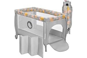 LIONELO Stefi Plus łóżeczko turystyczne 2 w 1 do 15 kg, łóżko dziecięce z materacem, boczne wejście z zamkiem błyskawicznym, wysokiej jakości materac piankowy, szybkie składanie