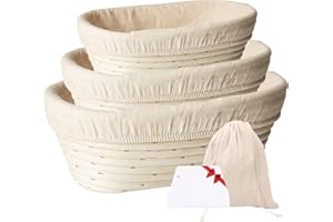 GESENTUR Cestas de Fermentación Ovaladas 3 Piezas (20, 22, 25cm) Cuenco de Ratán Natural con Inserto de Lino, Raspador de Masa, Bolsa de Pan