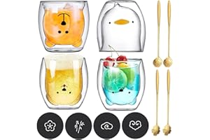 JOTOL Set da 4 Pezzi Tazze per Gatti Carine in Vetro a Doppia Parete, Simpatica Tazza per Animali Con 4 Cucchiai e 4 Sottobicchieri, Tazza di Caffè Resistente al Calore