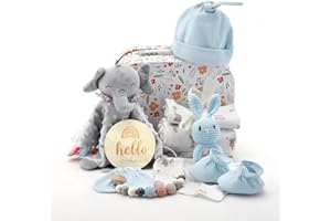 NASTOPEE Neugeborenen Geschenk, 12-in-1 Baby Geschenkset für Jungen Mädchen Baby Decke Schmusetuch Holzrassel Lätzchen Socken in Geschenkbox Baby Geburt Geschenk Babyparty (Grau)