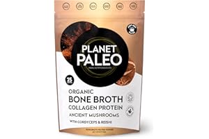 Planet Paleo Organic Bone Broth - Ancient Mushrooms (225g, 25 Servings) - Organic, Grass Fed, High Protein, with Reishi, Cordyceps, Lion's Mane and Shiitake - Adaptogens for Healthy Defences
