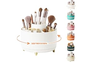 360° Drehbar Make up Organizer, Pinselhalter Kosmetik Aufbewahrung mit 5 Fächern, Aesthetic Schminktisch Organizers für Zimmer Decor Frisiertisch, Schlafzimmer,Badezimmer Organisation (Weiß)